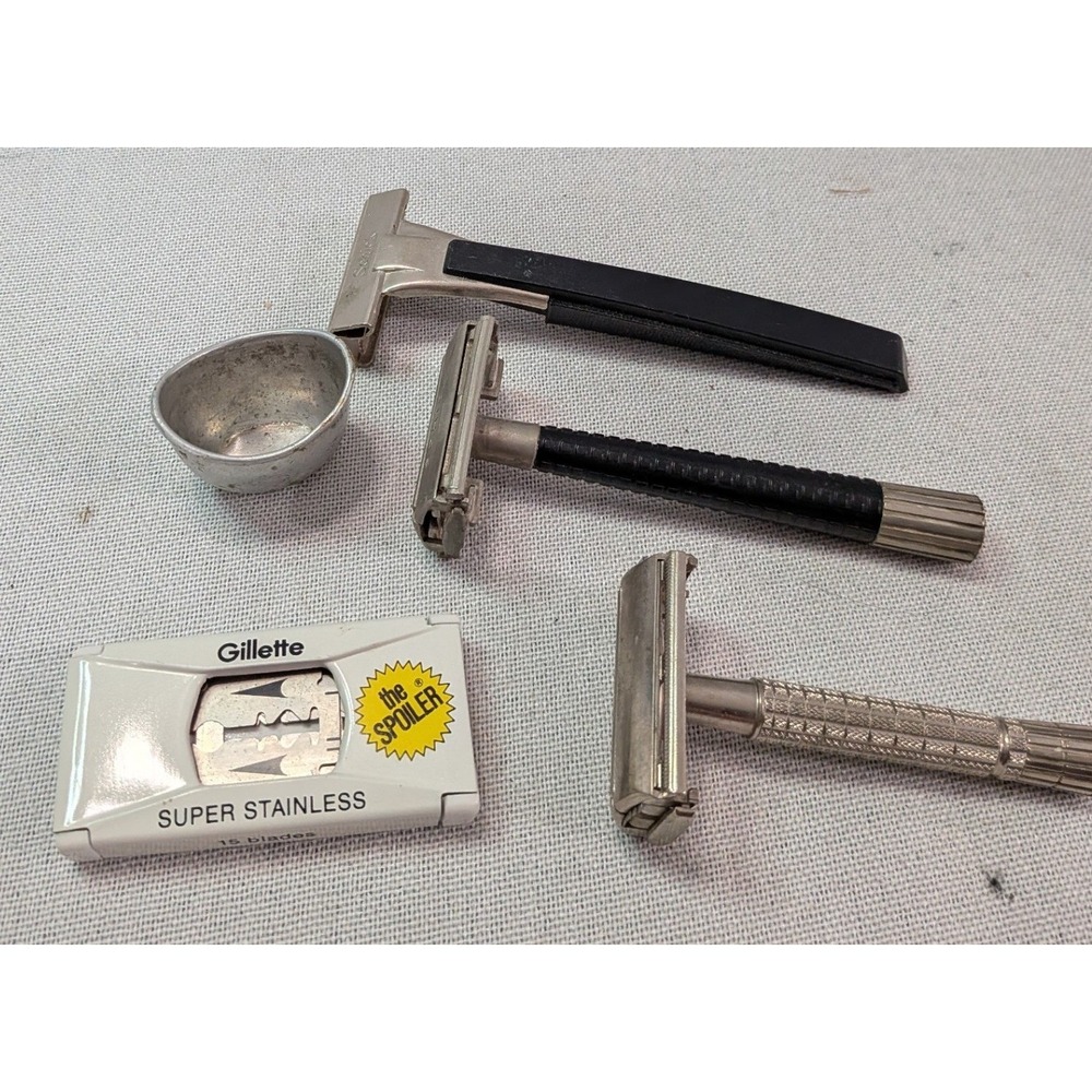 Gillette Schick Safety Razor Set Men OS Silver Black Fair Vintage Shaving Lot